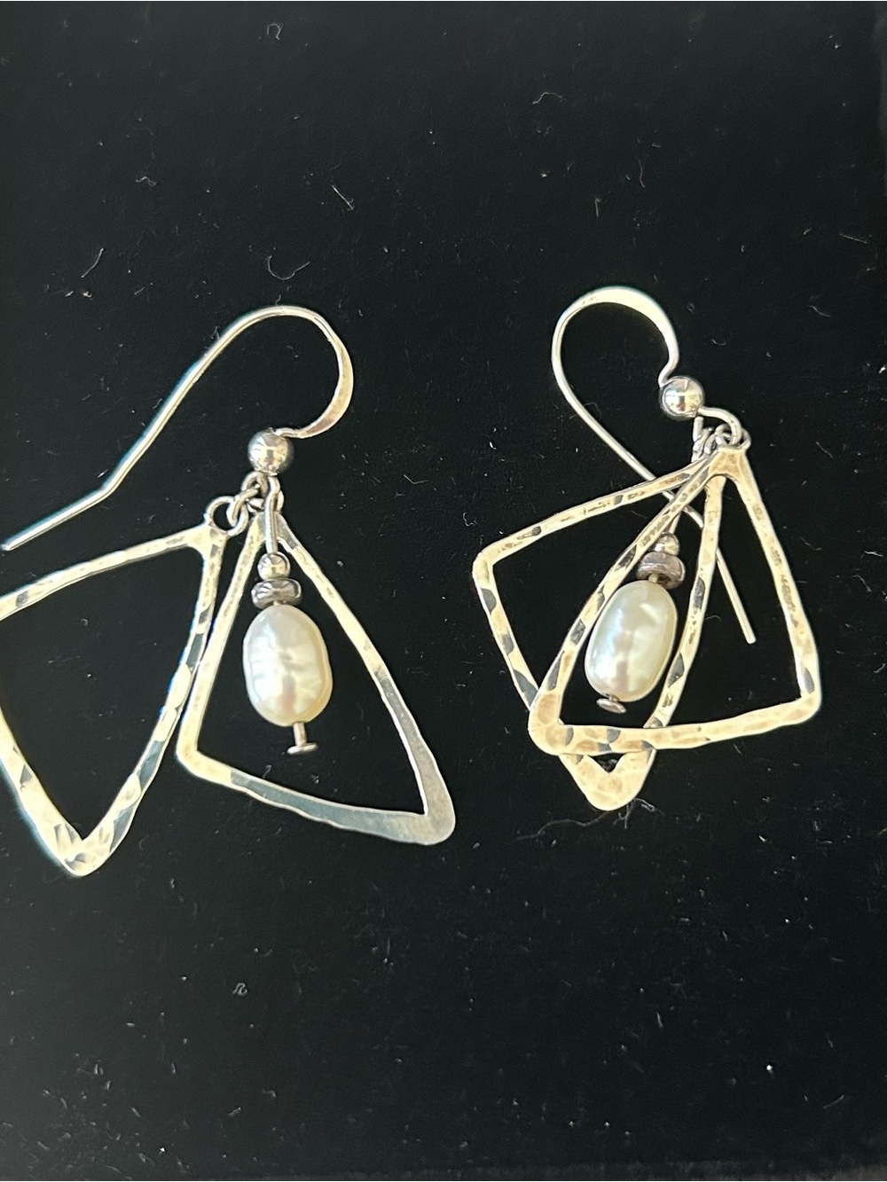 Sterling Hammered Geometric Drop Earrings with White Freshwater Pearl